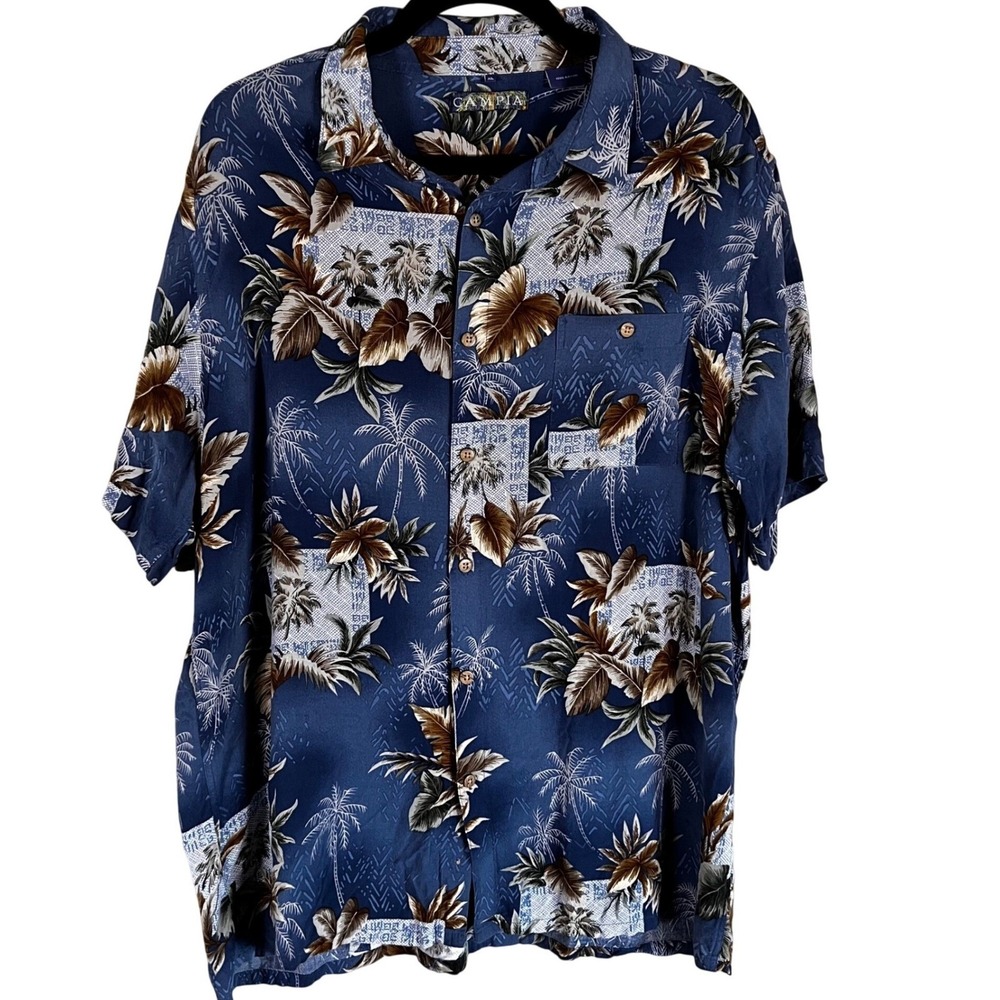 Campia Hawaiian Shirt Mens XL Blue Tropical Palm Tree Rayon Short Sleeve